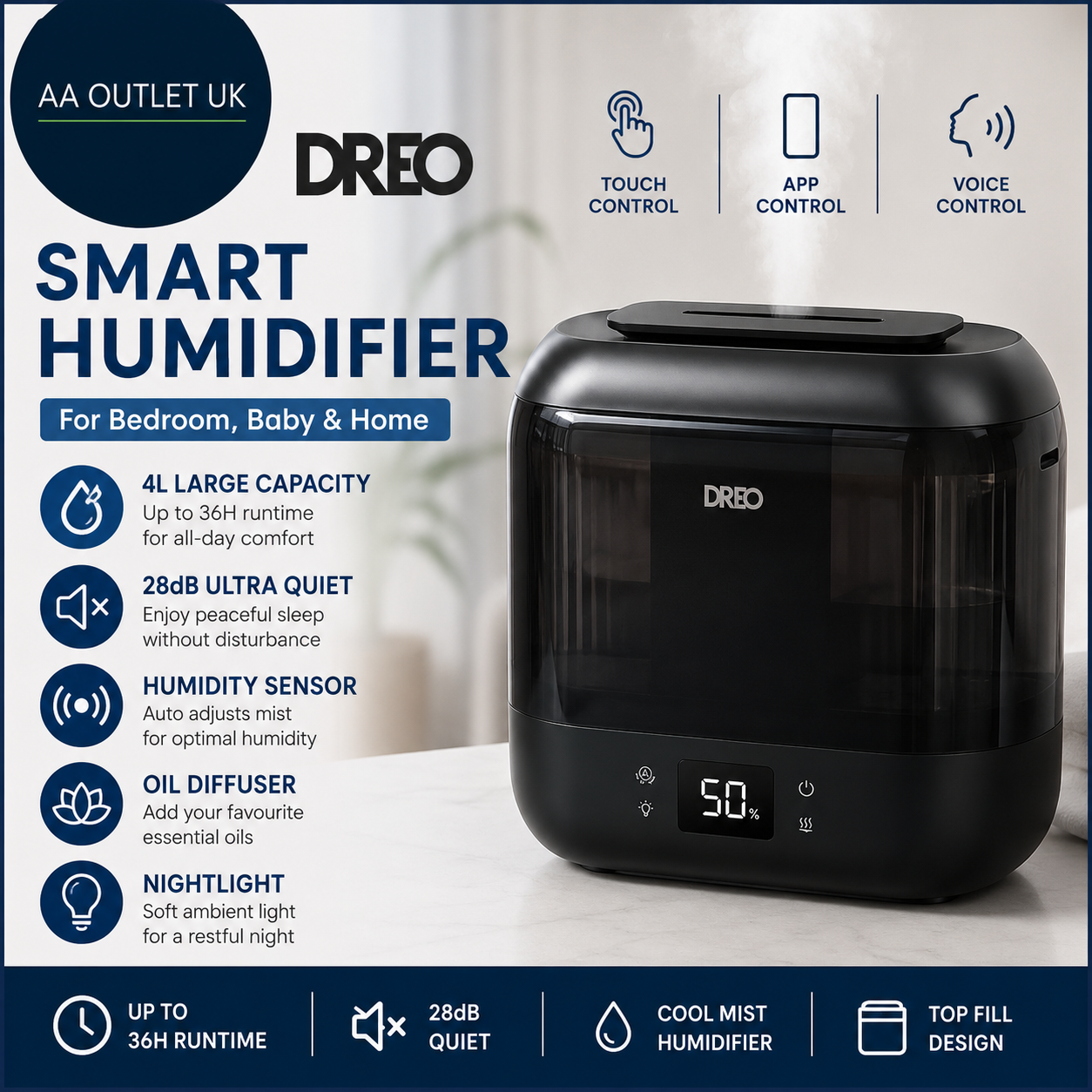 Dreo Smart Humidifier Bedroom Baby 4L Cool Mist Home 28dB Quiet