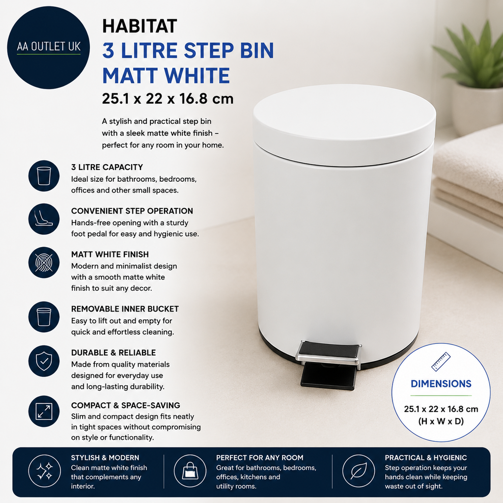 Habitat 3 Litre Capacity Step Bin Matt White 25.1x22x16.8cm