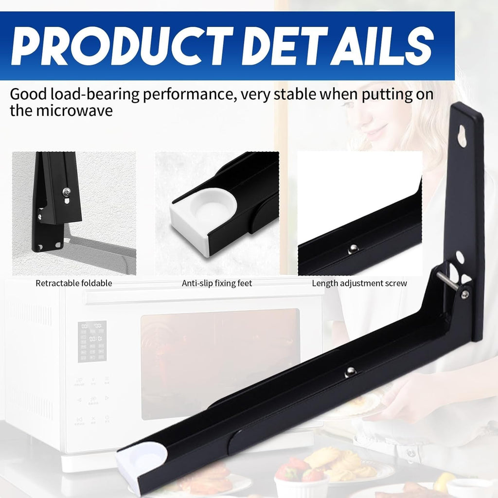 2 Pieces Universal Microwave Wall Shelf Brackets Adjustable Folding 45kg Black