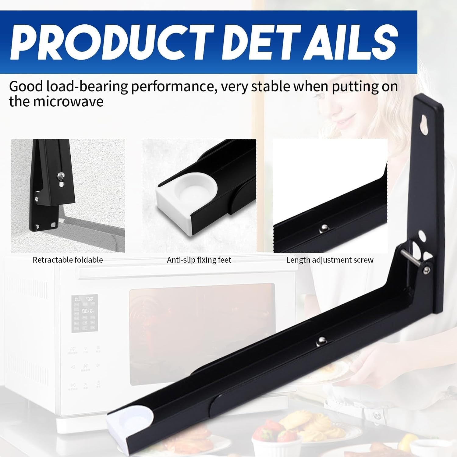 2 Pieces Universal Microwave Wall Shelf Brackets Adjustable Folding 45kg Black