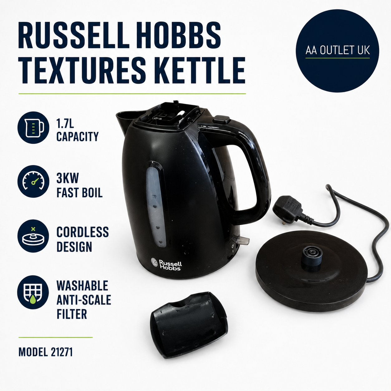 Russell Hobbs Textures Electric 1.7L Cordless Kettle Fast Boil 3kw Black Premium