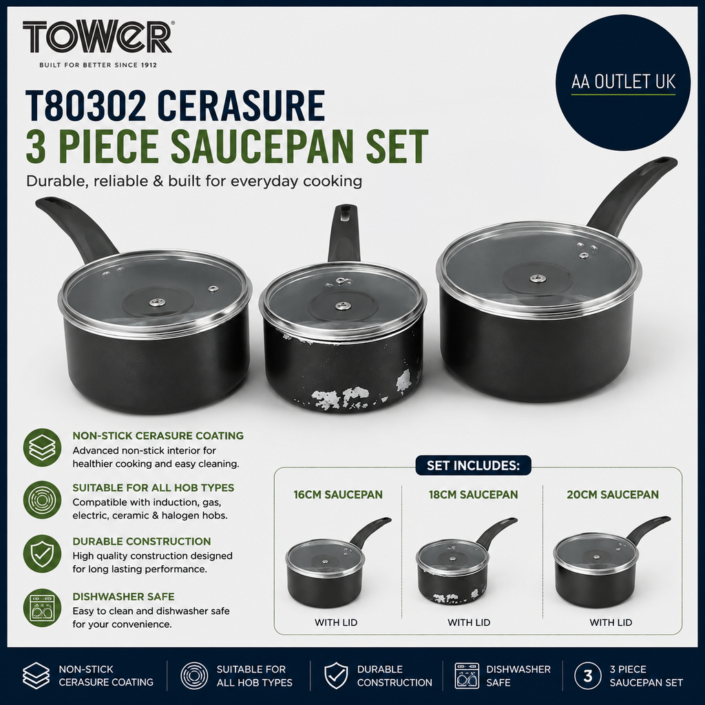 Tower T80302 Cerasure 3 Piece Saucepan Set Non Stick Coating Suitable All Hob