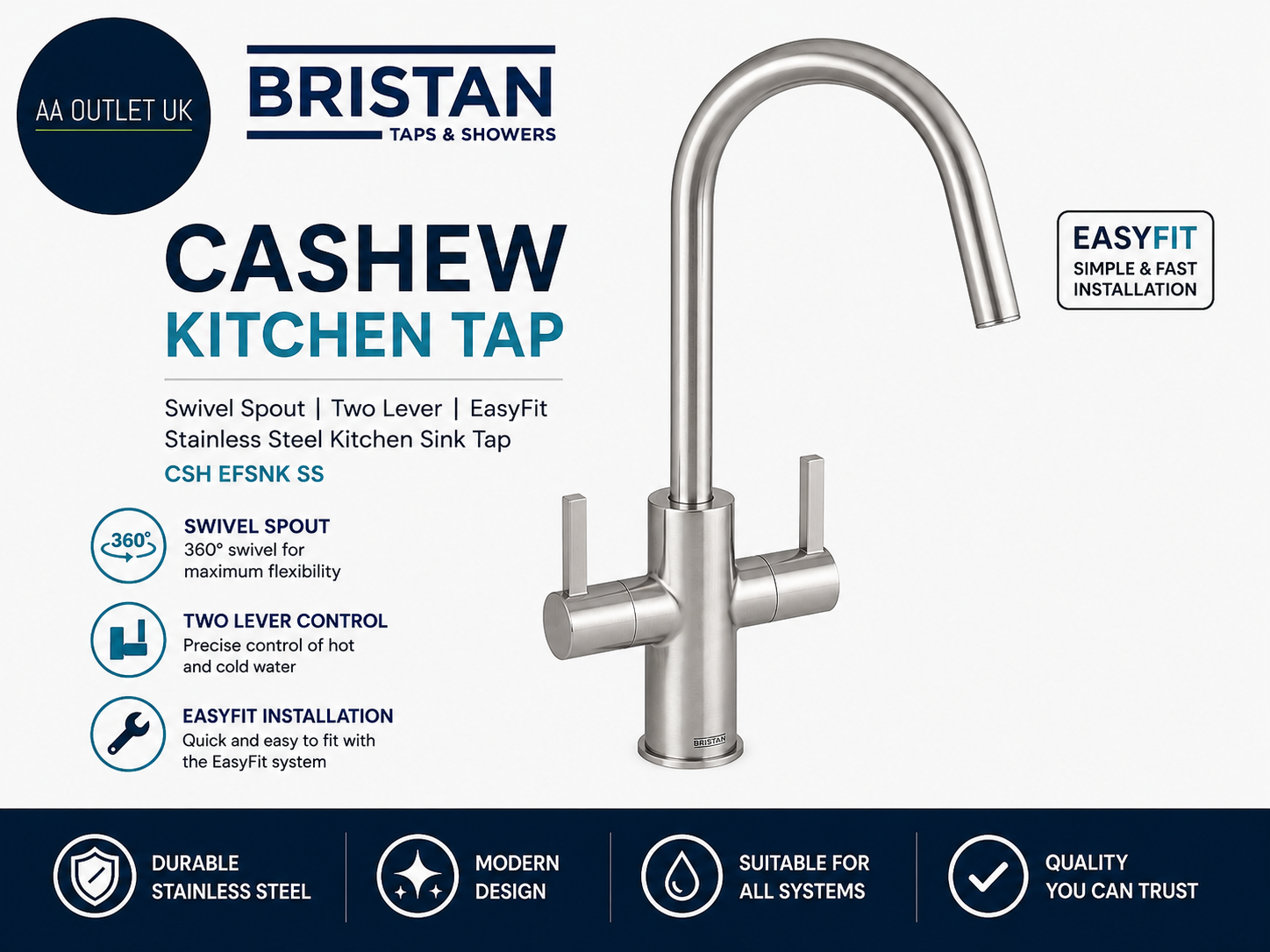Bristan Cashew Kitchen Tap Swivel Spout Two Lever EasyFit Stainless Steel