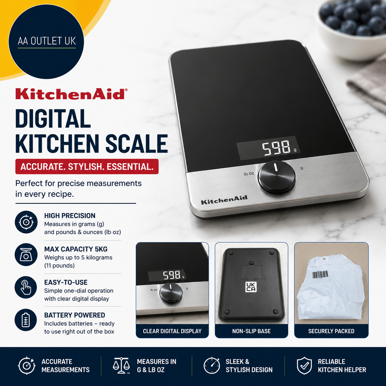 KitchenAid Digital Glass Kitchen Scale 5kg 5000ml Black Food Baking Scales