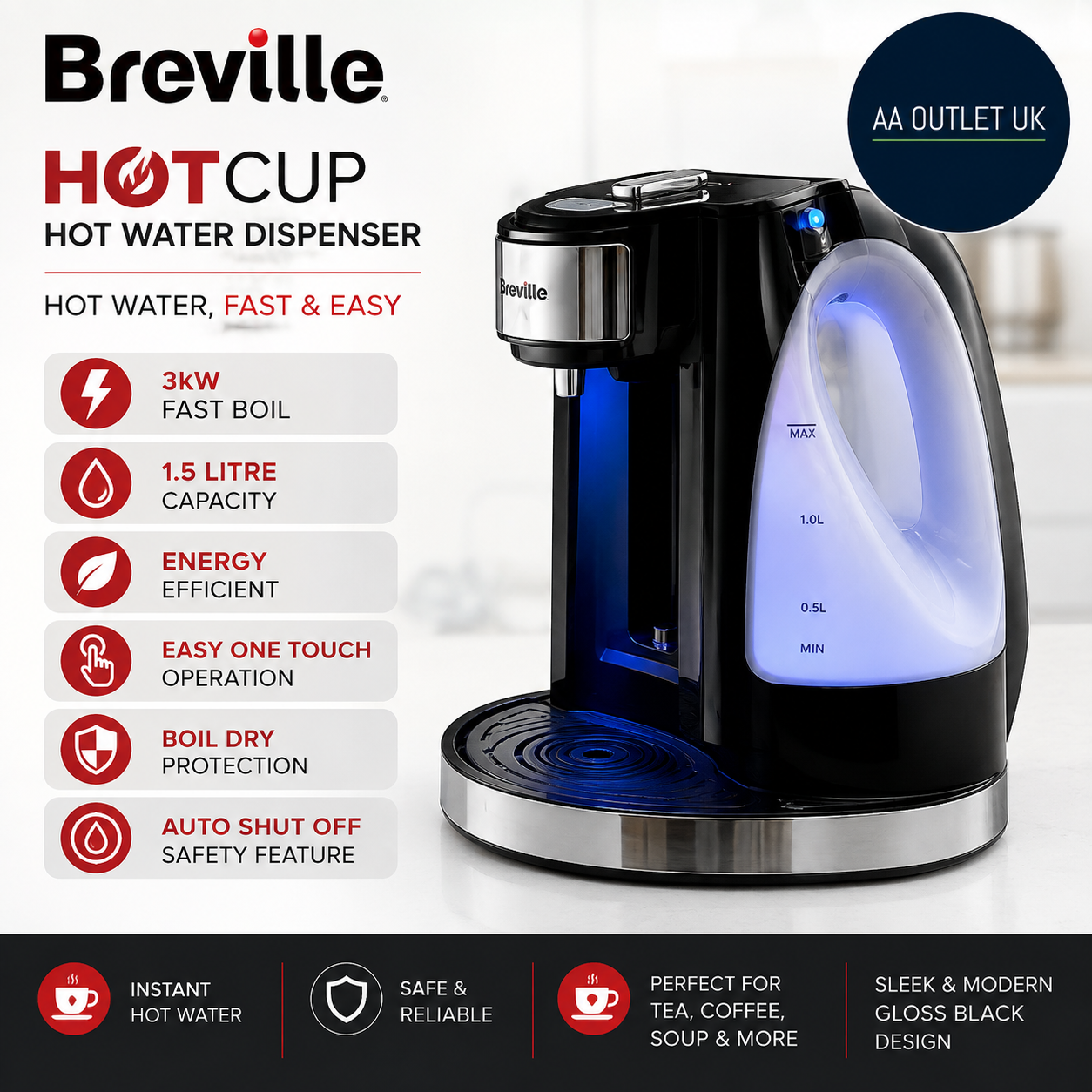 Breville Hotcup Hot Water Dispenser 3kw Fast Boil 1.5L Energy Efficient VKJ142