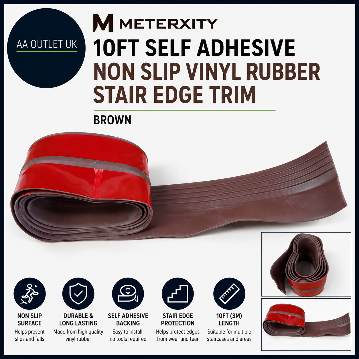 M METERXITY Self Adhesive Non Slip Vinyl Rubber Stair Edge Trim Brown Design