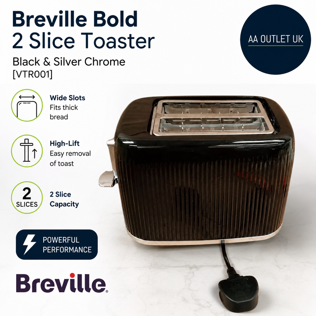 Breville Bold 2 Slice Toaster High Lift Wide Slots Black Silver Chrome VTR001