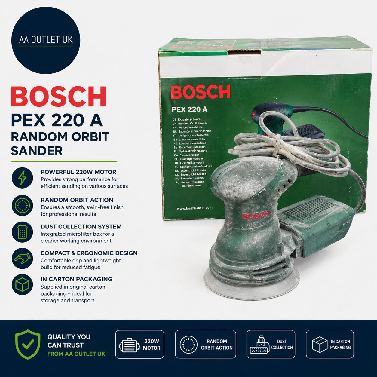 Bosch Random Orbit Sander PEX 220 A 220W In Carton Packaging 28.5x15.4x18cm