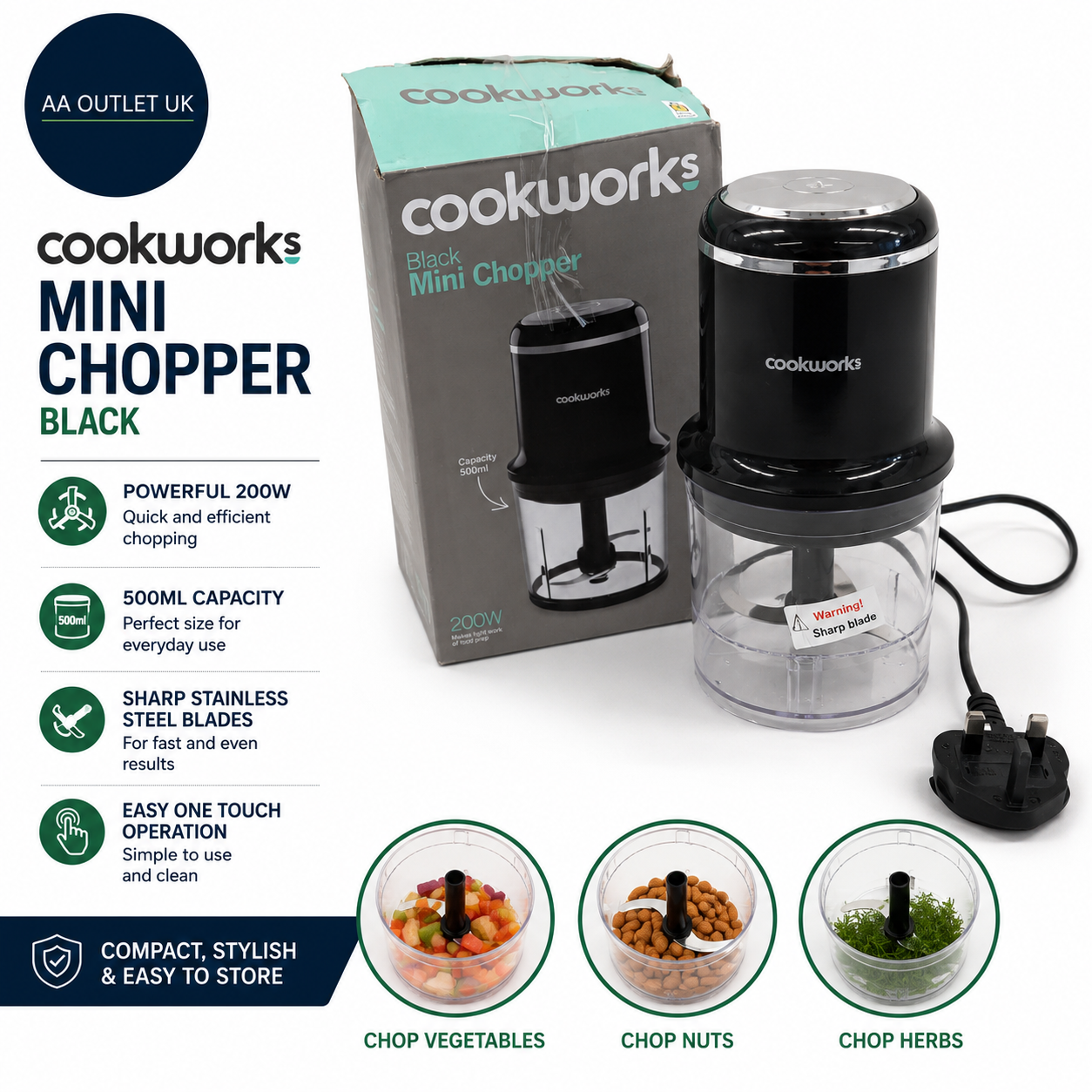 Cookworks CH1117BN Mini Chopper Black 200 Watts 0.5L Capacity Removable Blades