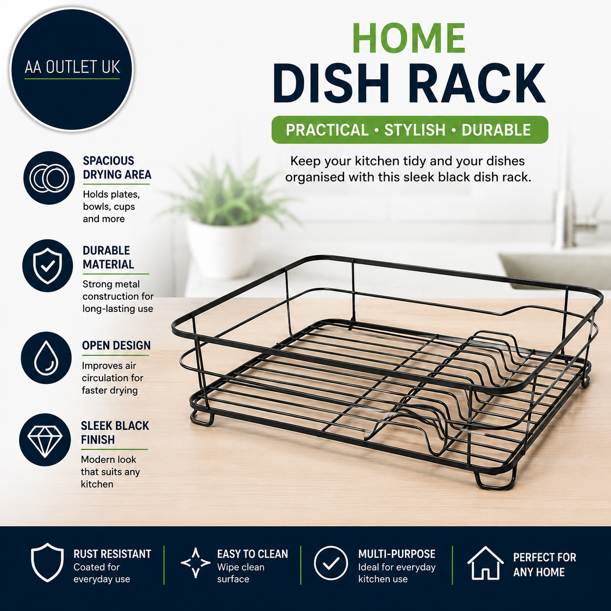 Argos Home Dish Rack Powder Coated Steel 22x42x36cm Black