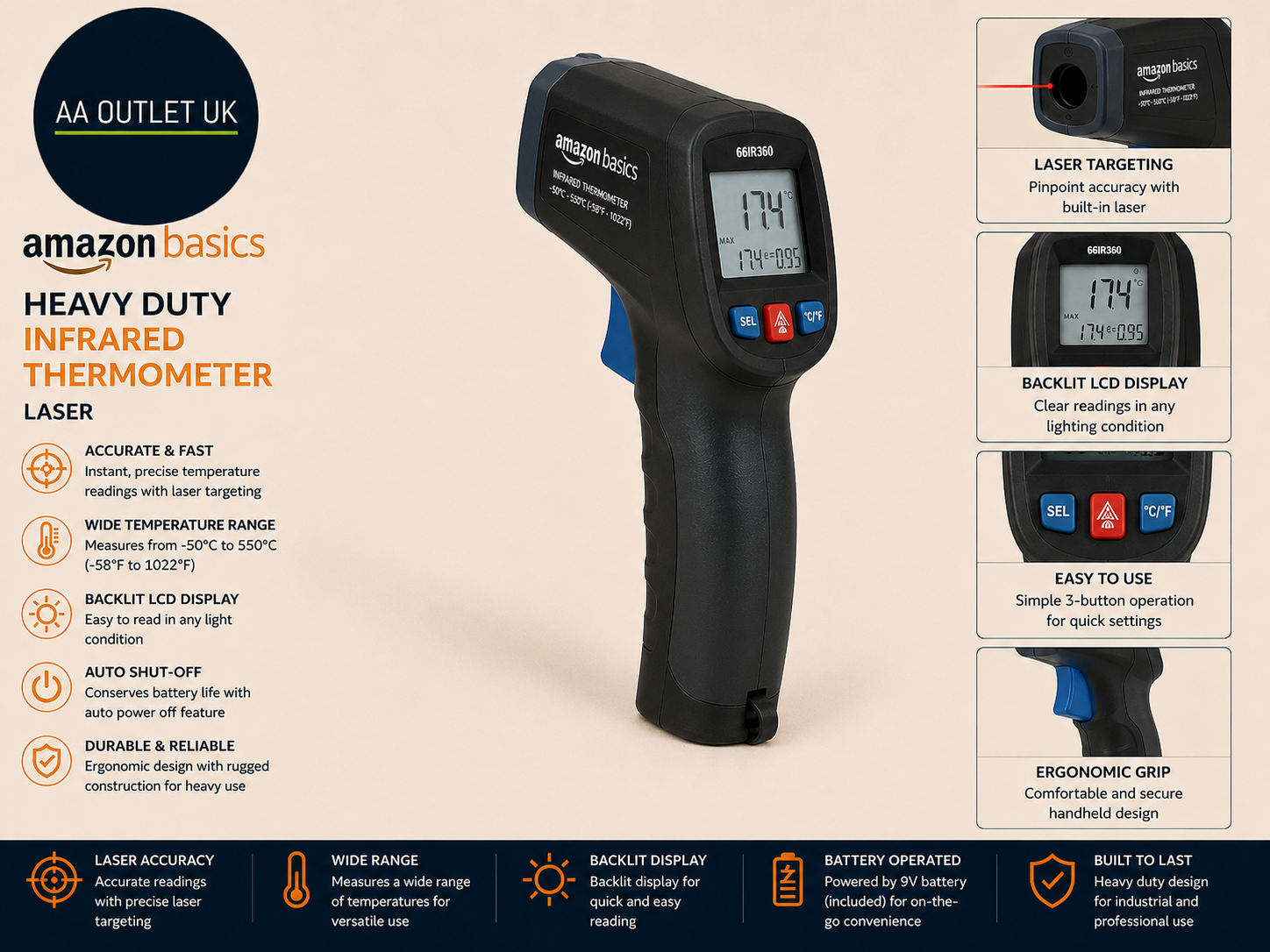 Amazon Basics Heavy Duty Infrared Thermometer Laser Type K Probe Black Design