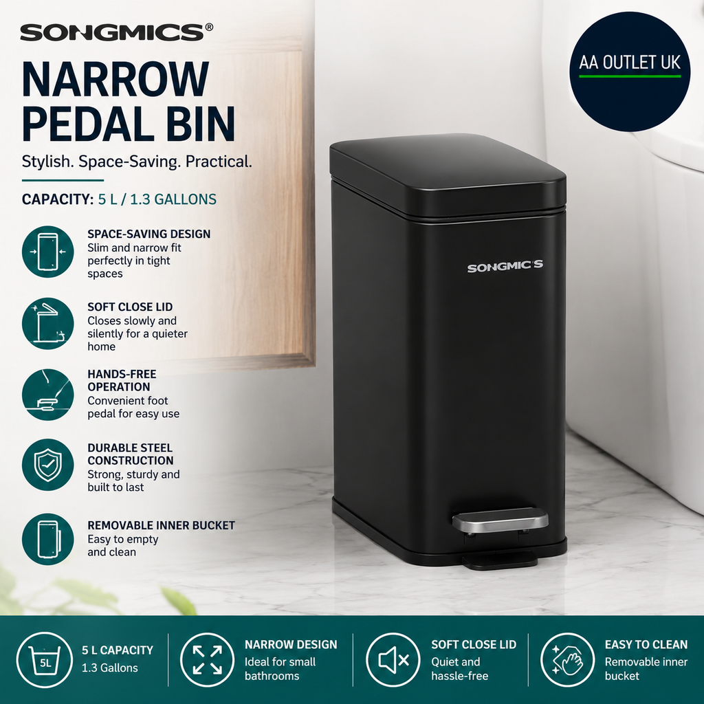 SONGMICS Bathroom Bin Narrow Pedal Toilet Bin Lid Slim Small Spaces Steel Black
