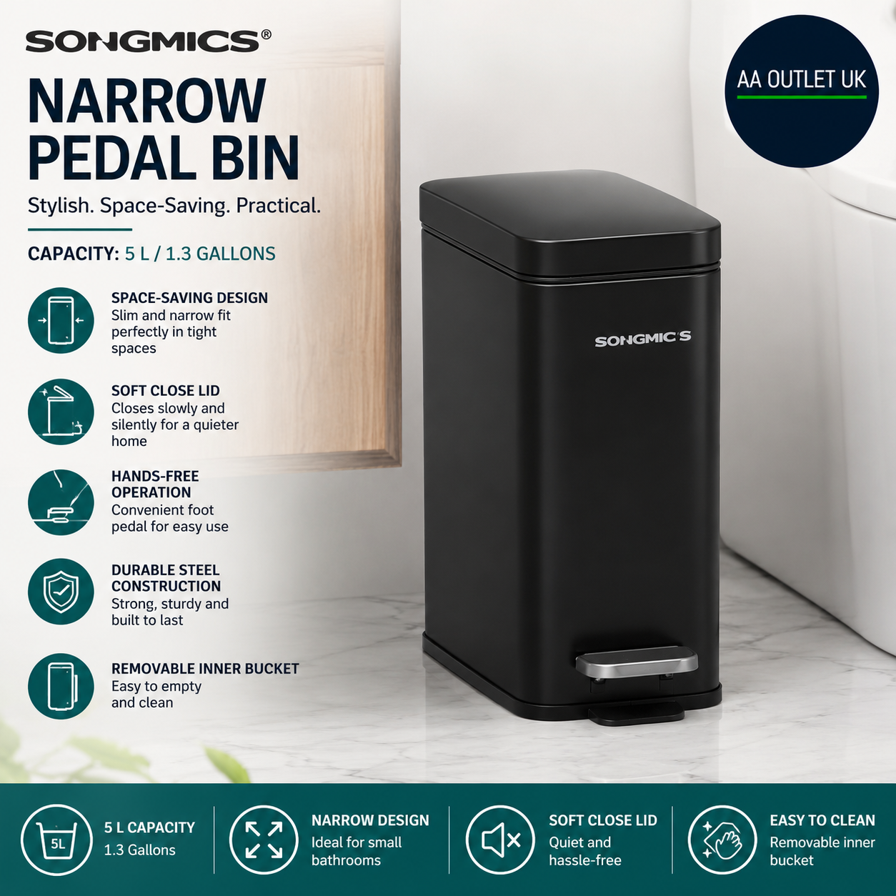 SONGMICS Bathroom Bin Narrow Pedal Toilet Bin Lid Slim Small Spaces Steel Black