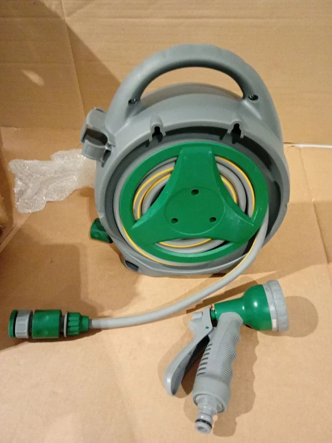 Garden Hose Reel 14m Compact Portable Hose Pipe Reel 8 Adjustable Spray Gun New