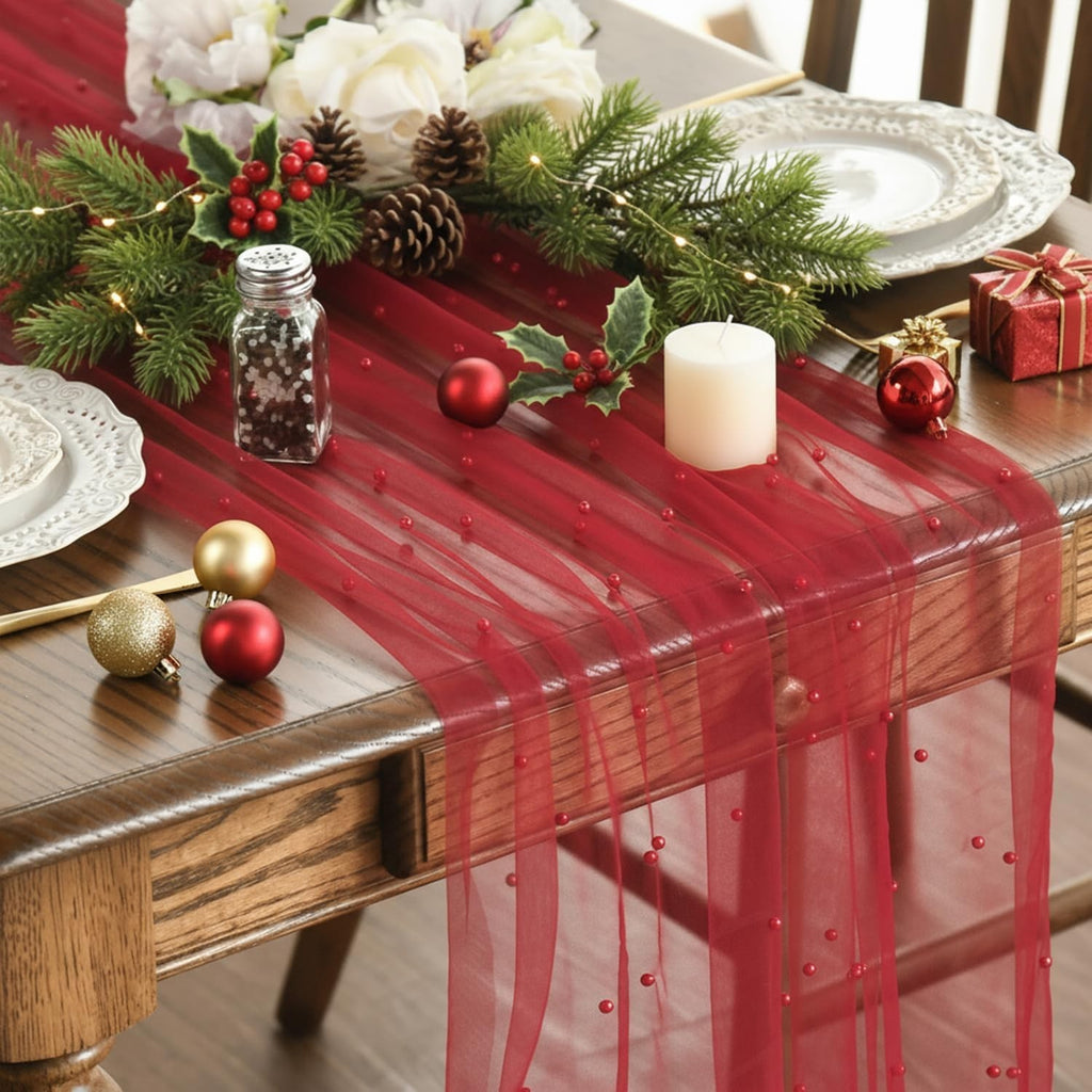 Artoid Mode Pearl Red Gauze Table Runner 70x300cm Seasonal Sheer Cheesecloth New
