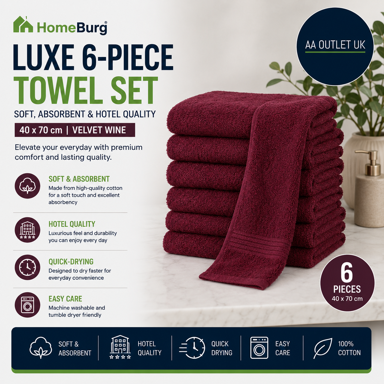 Luxury Set 6 Towels Soft Cotton Absorbent Quick Drying Easy Care 40×70cm