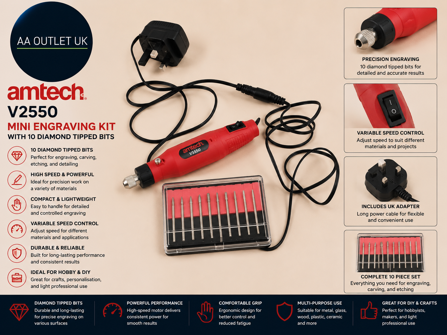 Amtech V2550 Mini Engraving Kit 9 Pieces Diamond Tipped Bits Tool Design Durable