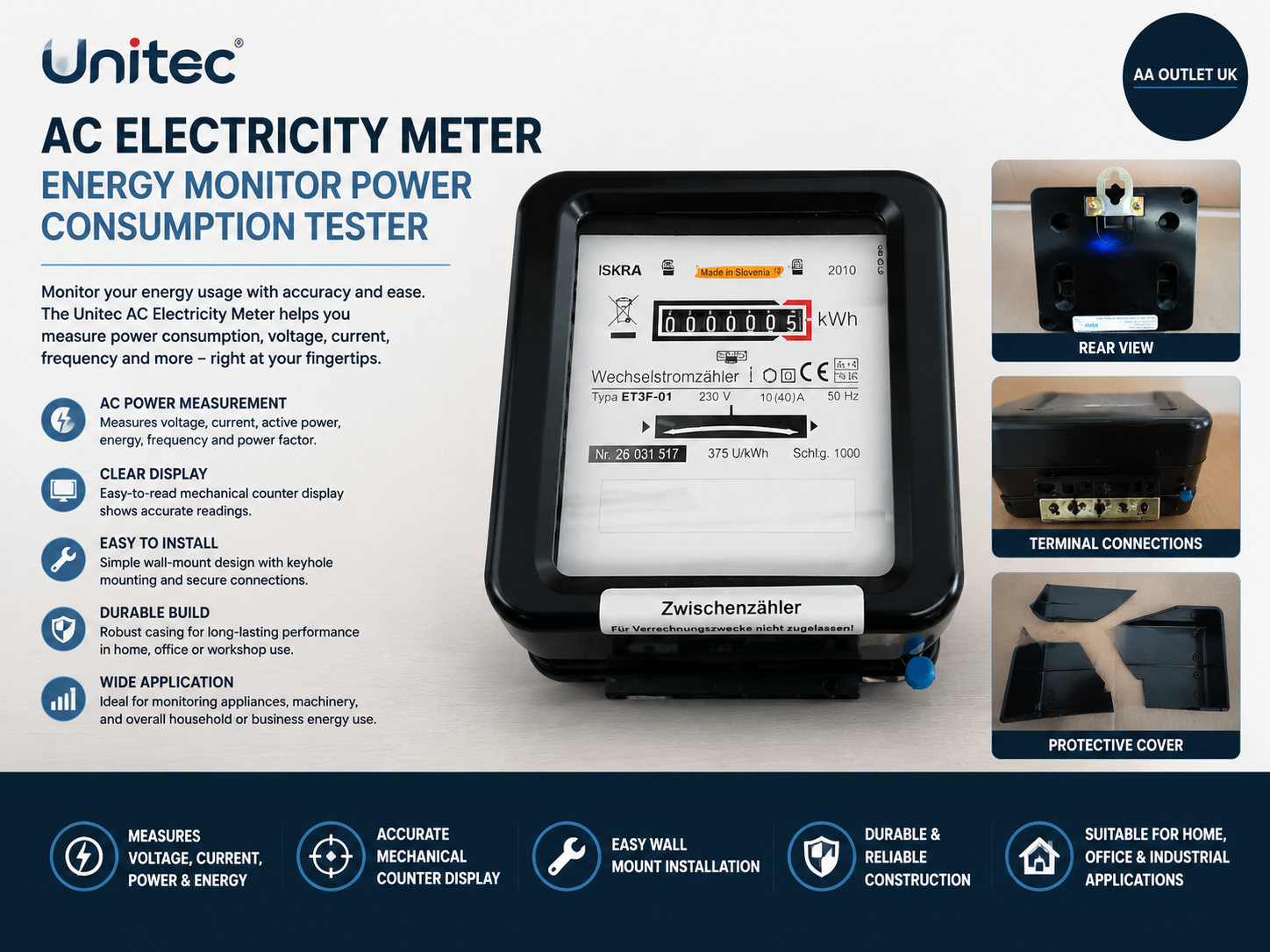 Unitec 40749 AC Electricity Meter Energy Monitor Power Consumption Tester