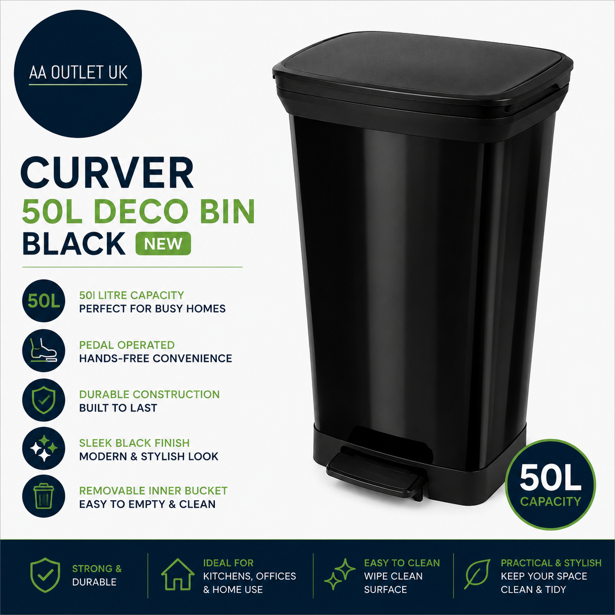 Curver 50L Capacity Deco Pedal Silent Bin Made From ResinBlack 73x39x29