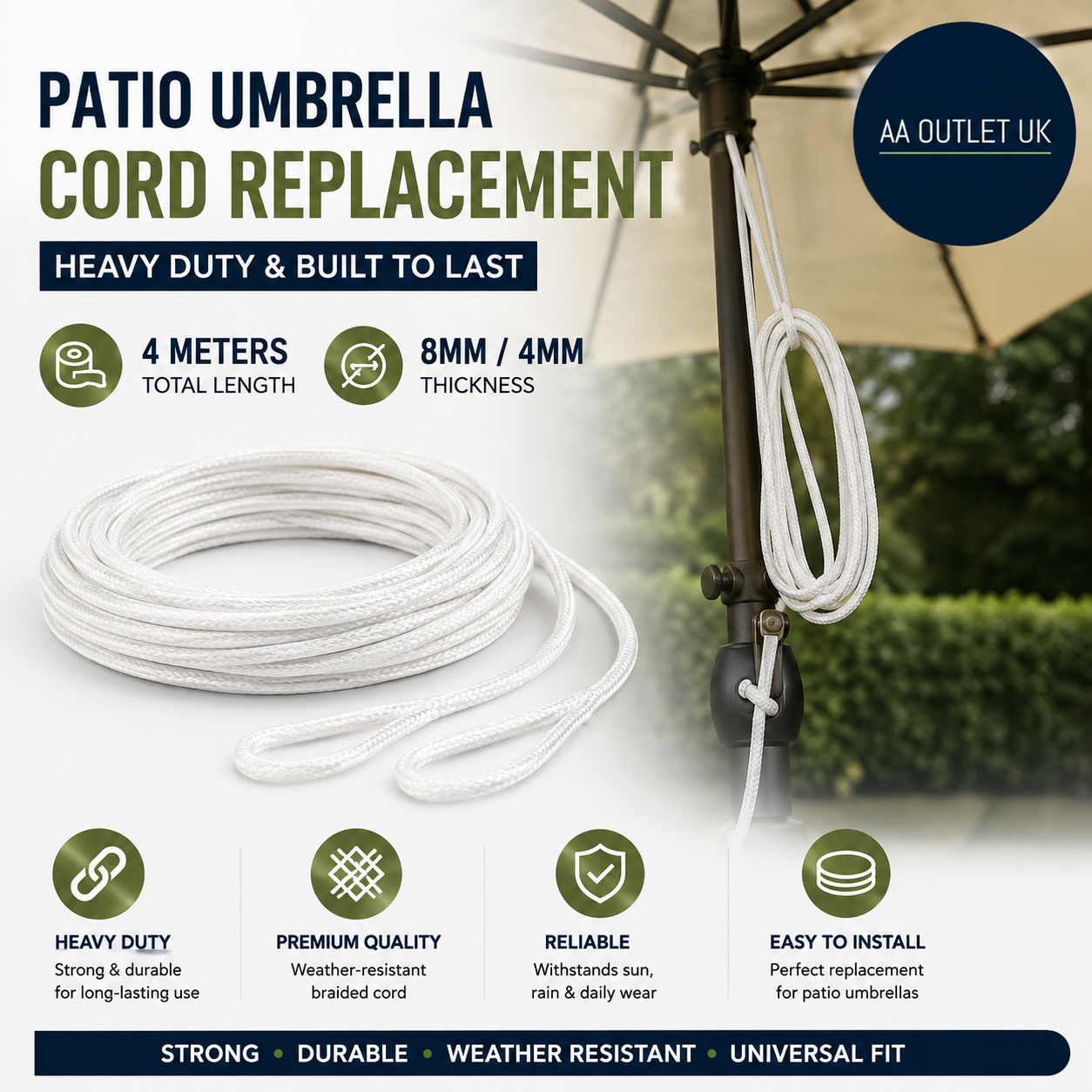 4m Heavy Duty Patio Umbrella Cord Replacement 8mm 4mm Thick Parasol Cord