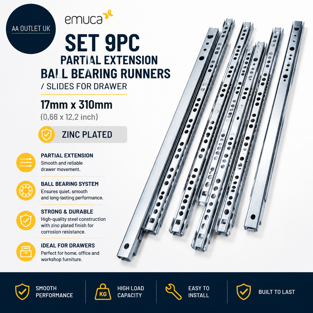 Emuca Set 9pcs Partial Extension Ball Bearing Runners Slides 17x310mm