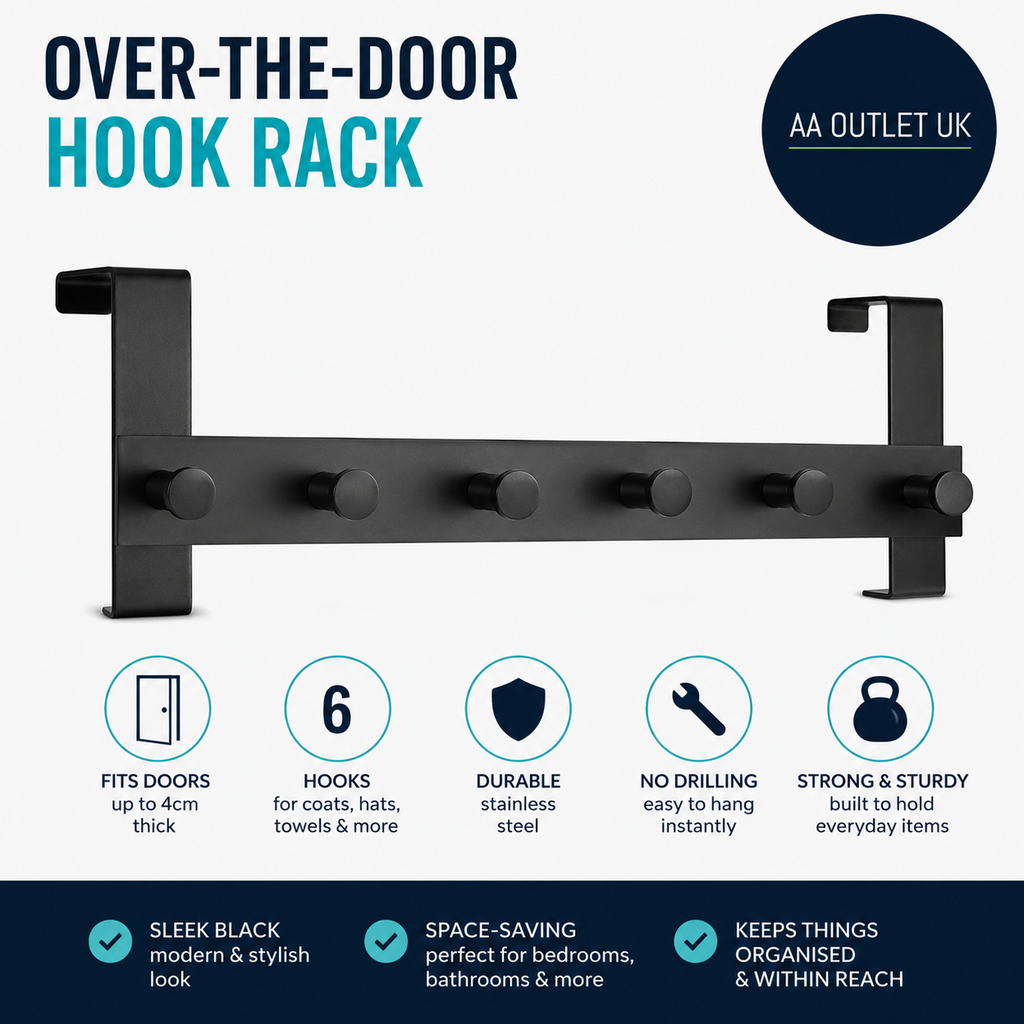 Navaris Over The Door Hanger Hooks Coat Rack 6 Knobs Flat Top Up 4cm Thick Black