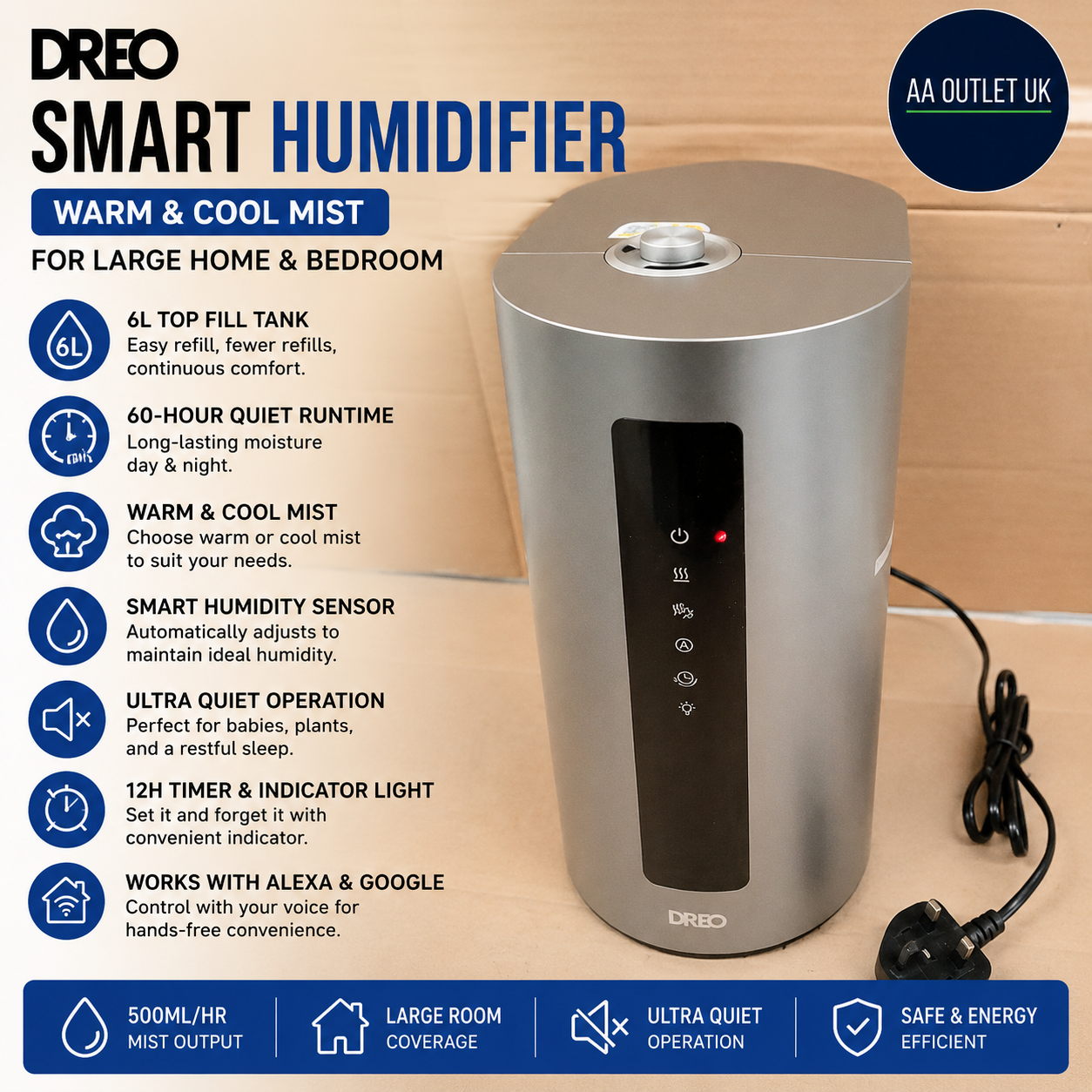 Dreo Smart Humidifier Bedroom 6L Top Fill Warm & Cool Mist HM713S Alexa Google