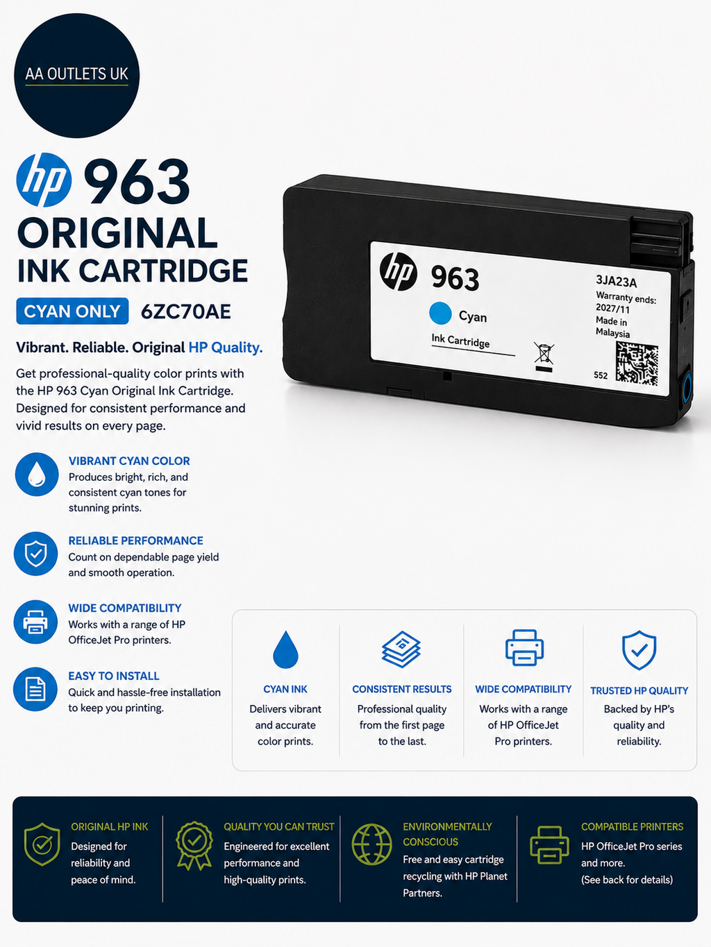 HP 6ZC70AE 963 Original Ink Cartridge Cyan Only