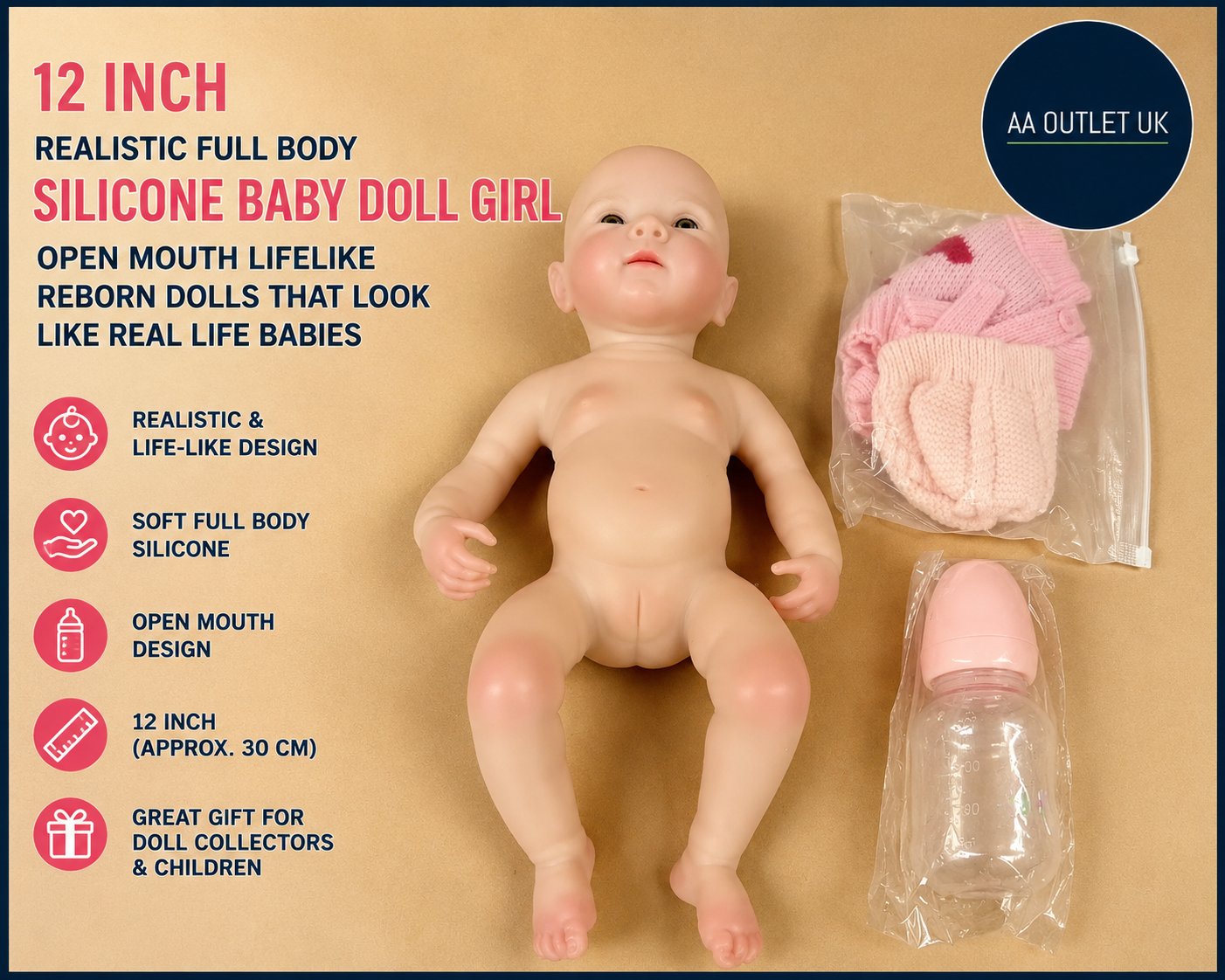 Gileutay 12in Realistic Full Body Silicone Baby Doll Girl Open Mouth Lifelike