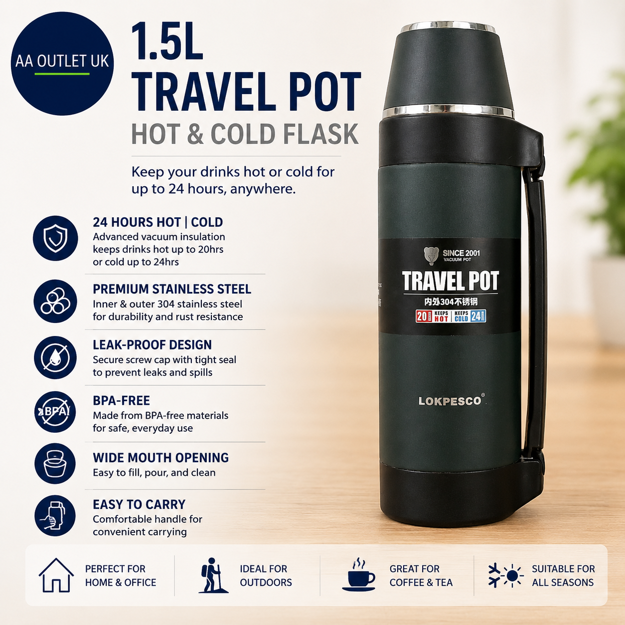 Flask Hot Drinks 1.5L Coffee Thermo Stainless Steel Vacuum Insulated BPA Free