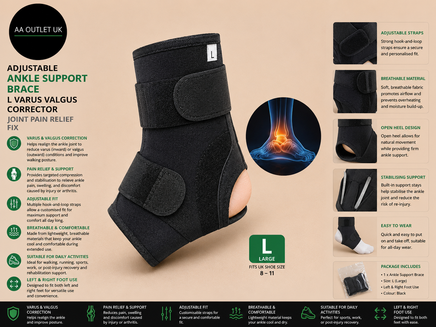 Adjustable Ankle Support Brace L Varus Valgus Corrector Joint Pain Relief New
