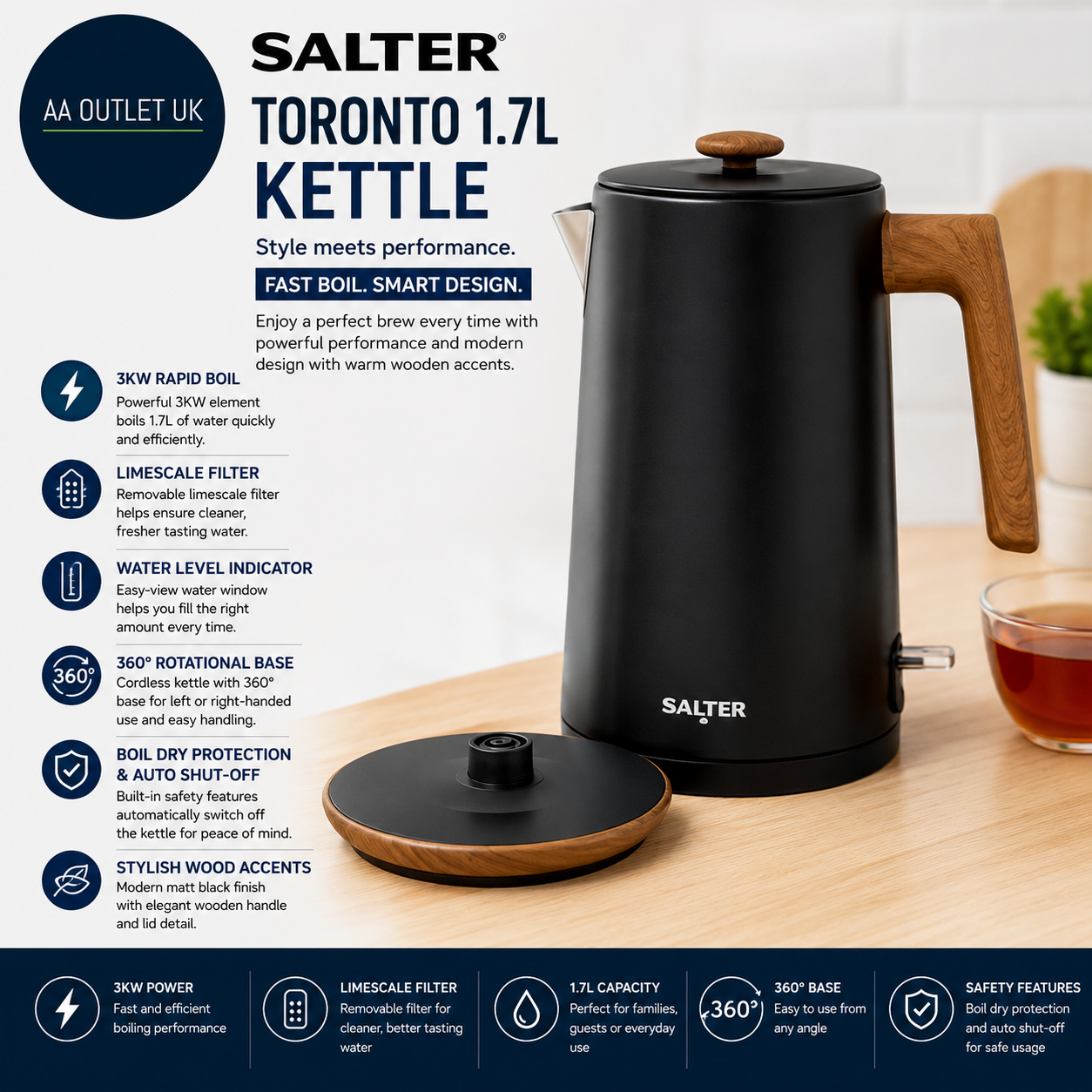 Salter Toronto 1.7L Kettle 3kw Rapid Boil Limescale Filter Water Level Indicator