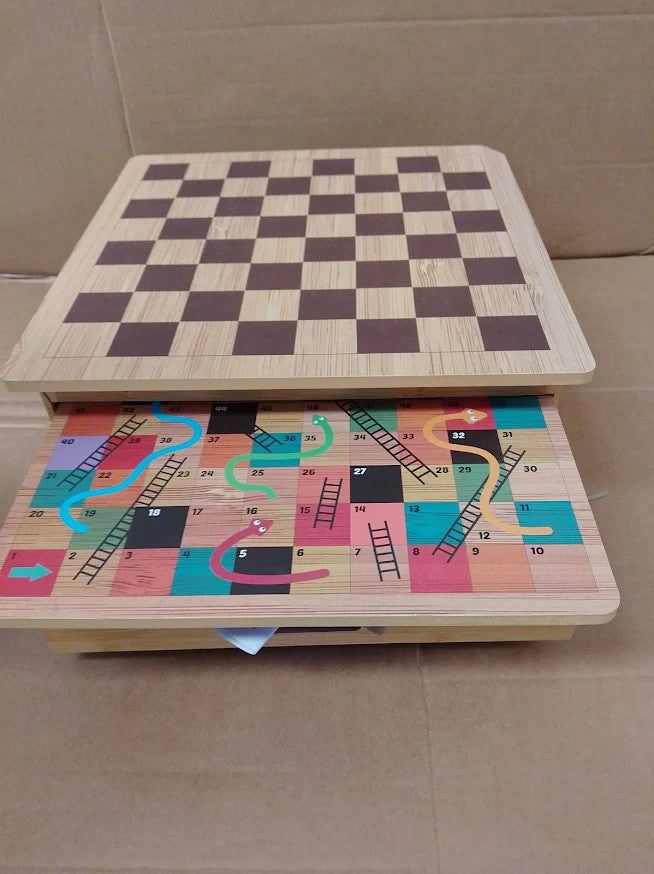 Mister Gadget Wooden Board Game Set Chess Backgammon Snakes Ladders Design New