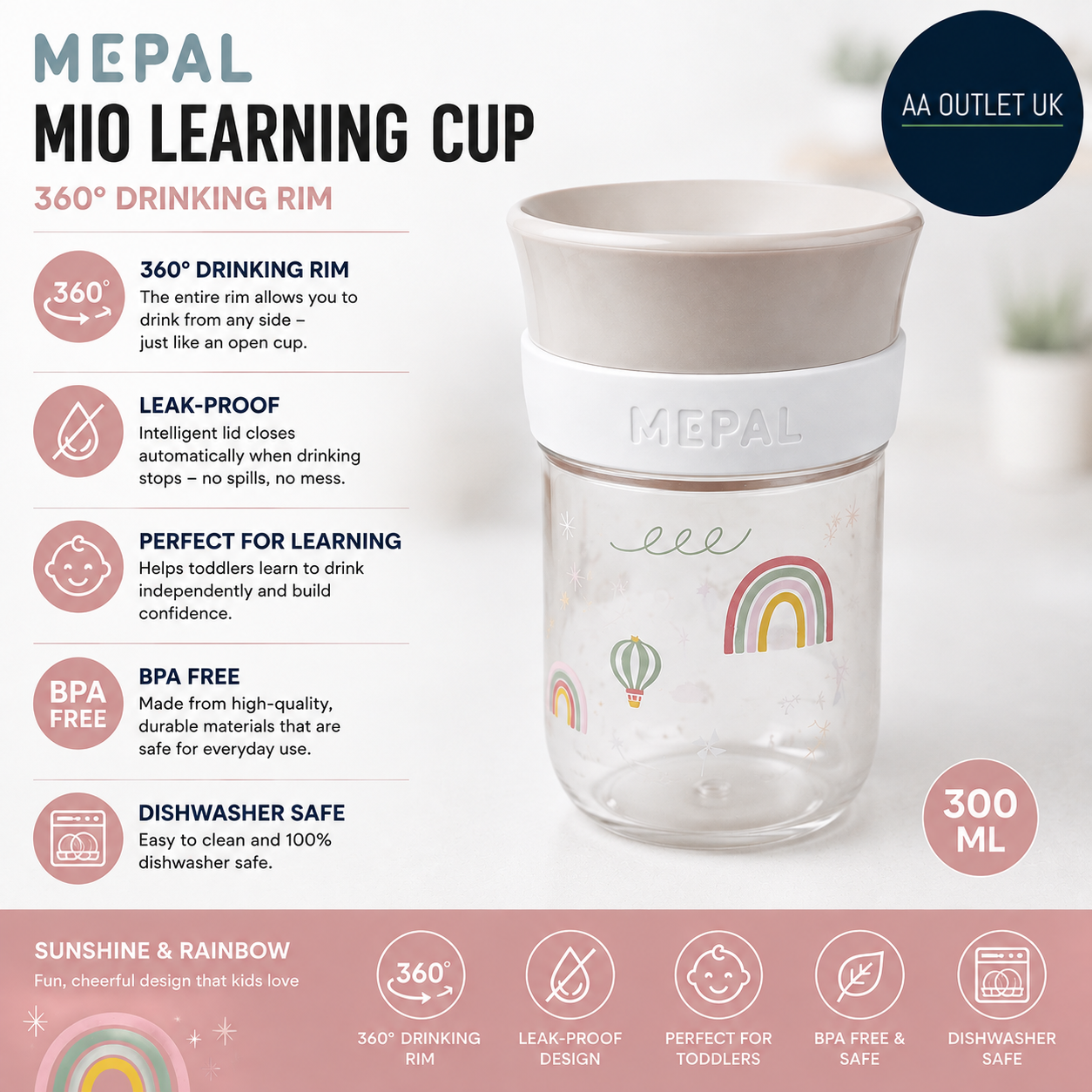 Mepal 360 Mio Learning Cup Leakproof 360 Rim Allows Drink Side 300ml Sunshine