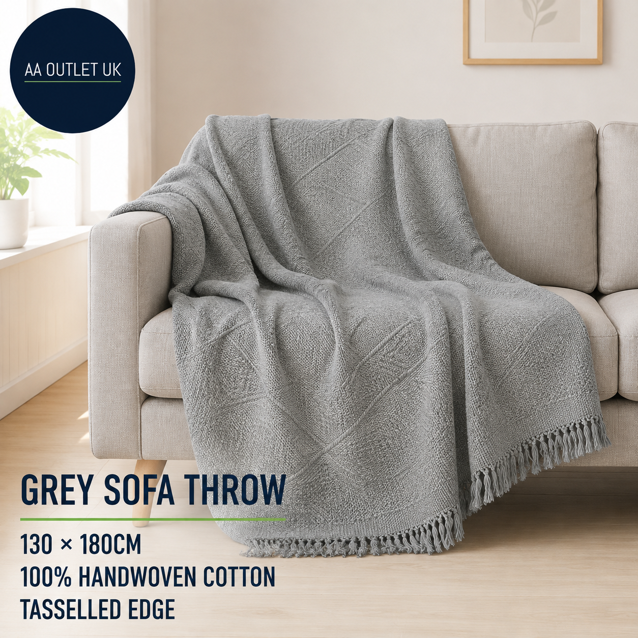 Vanjoroy Large Grey Sofa Throw Blanket With Tassels Single 2 Seater 180cm