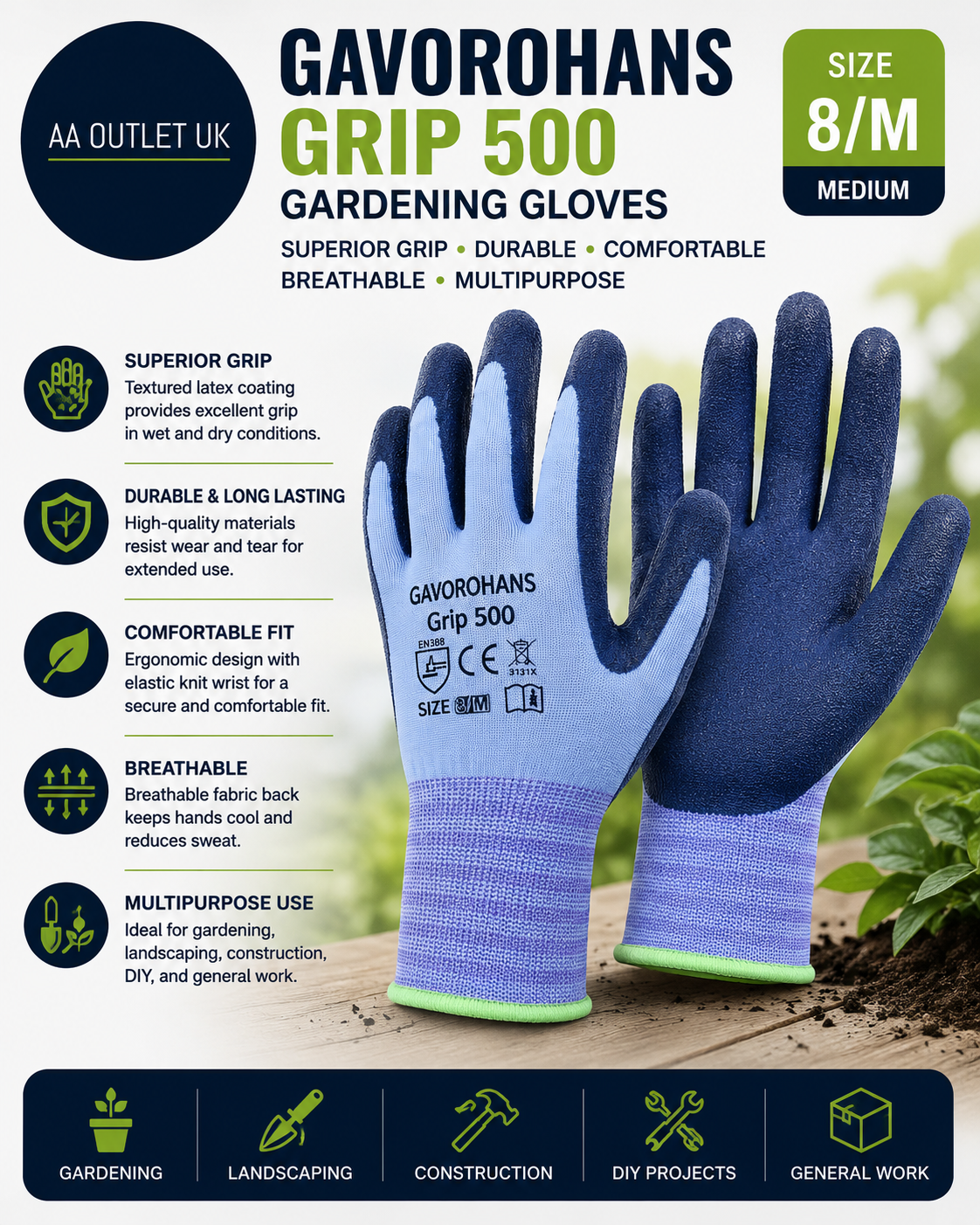 Gavorohans Grip 500 Size 8 Medium Gardening Gloves Superior Work Durable 3pc