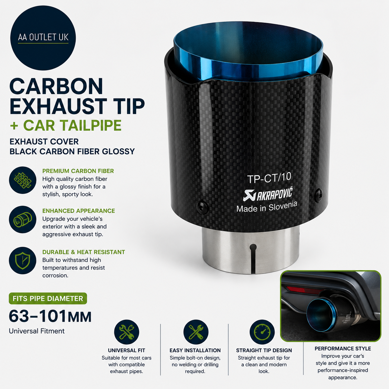 Carbon Exhaust Tip Car Tailpipe Cover Black Carbon Fiber Glossy 63-101Mm