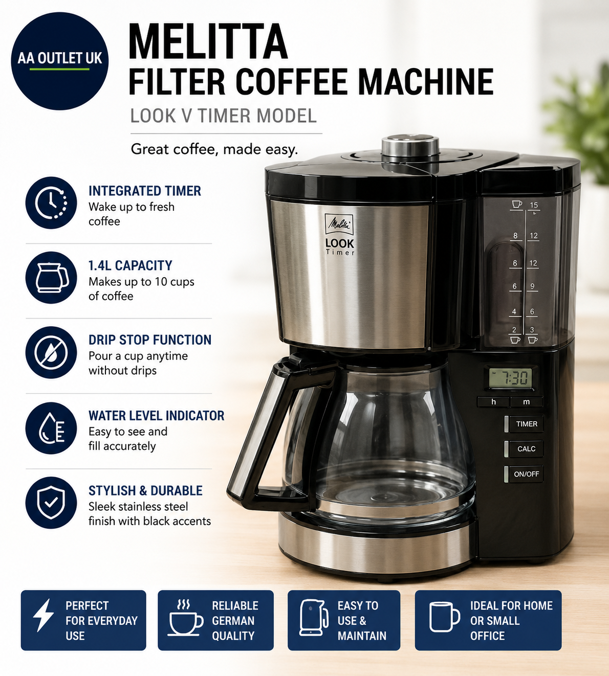 Melitta Filter Coffee Machine Look V Timer Model Stainless Steel 21x24x33cm