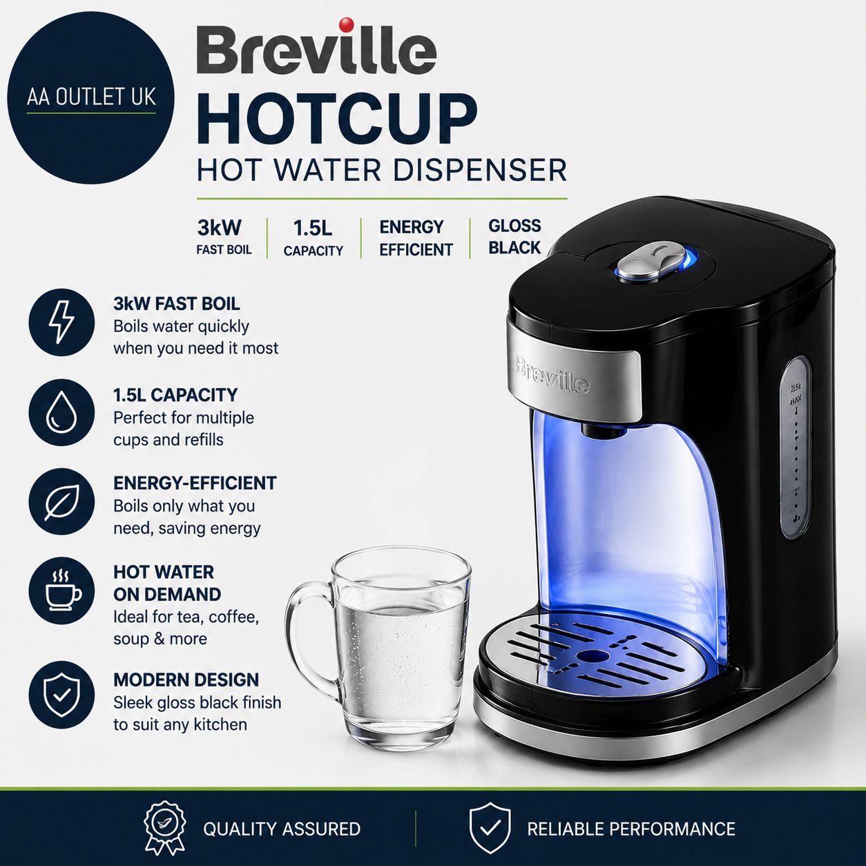 Breville HotCup Hot Water Dispenser 3kw Fast Boil 1.5L Energy Efficient