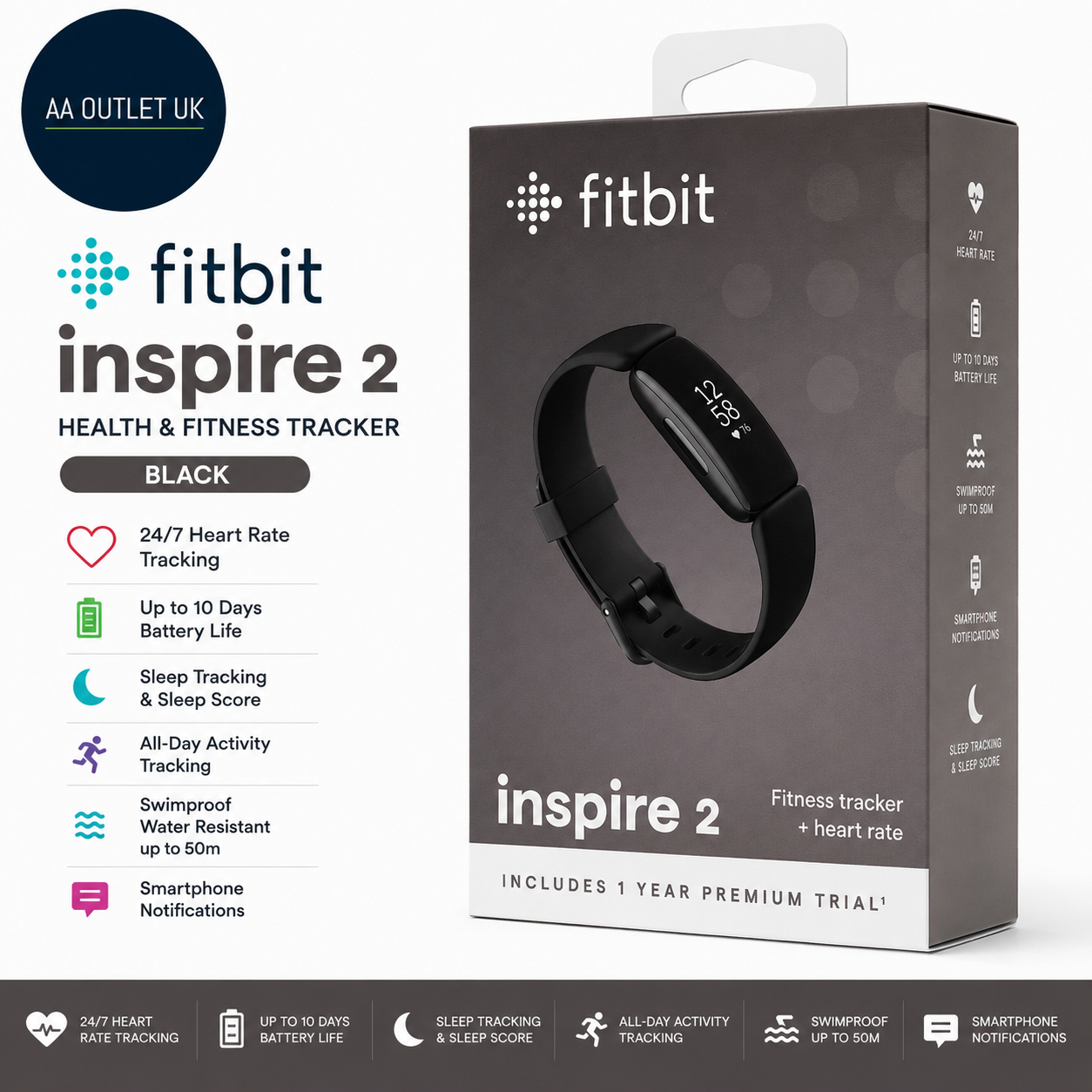 Fitbit Inspire 2 Health Fitness Tracker 24/7 Heart Rate Black Oval 0.72in