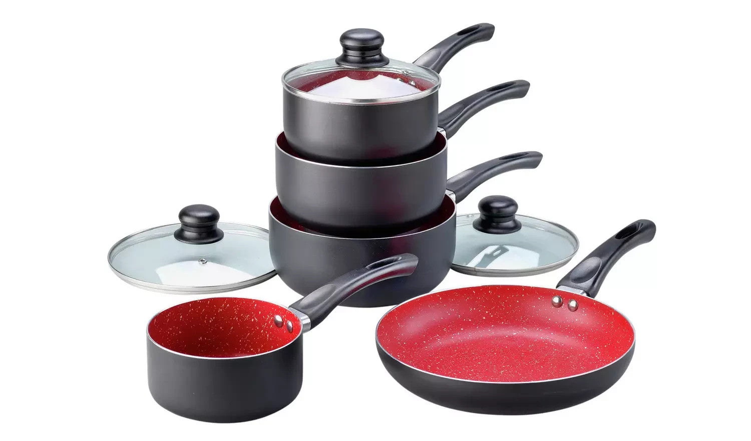 Russell Hobbs Red Stone Aluminium 5 Pieces Pan Set Black Non Stick Cookware New