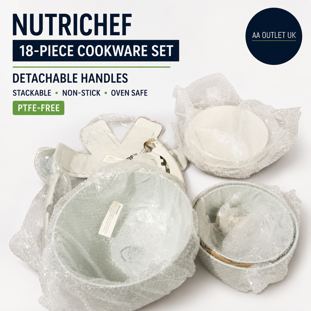 NutriChef Ceramic Pots Pans Set With Detachable Handles 18 Piece Stackable