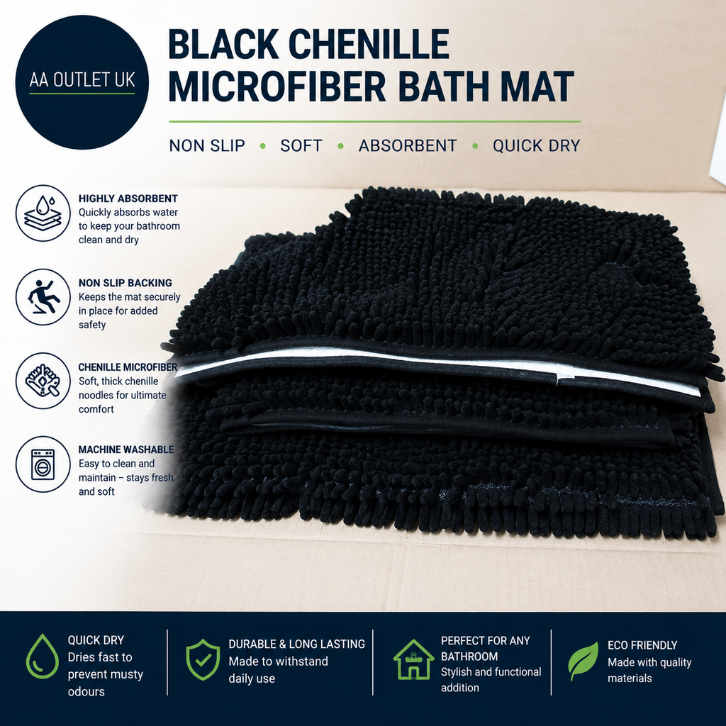 Black Chenille Microfiber Bath Mat Non Slip Bathroom Rug Soft Absorbent