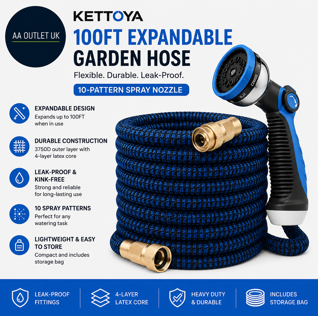 Kettoya 100ft Expandable Garden Hose Flexible Water Hose 10 Pattern Spray Nozzle
