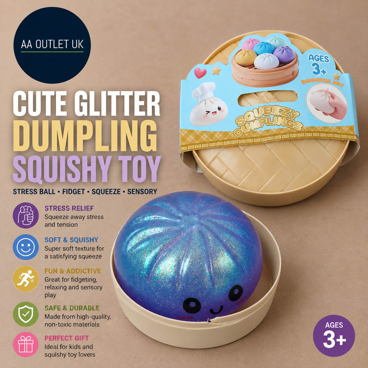 Cute Glitter Dumpling Squishy Toy Stress Ball Fidget Squeeze Sensory Design New