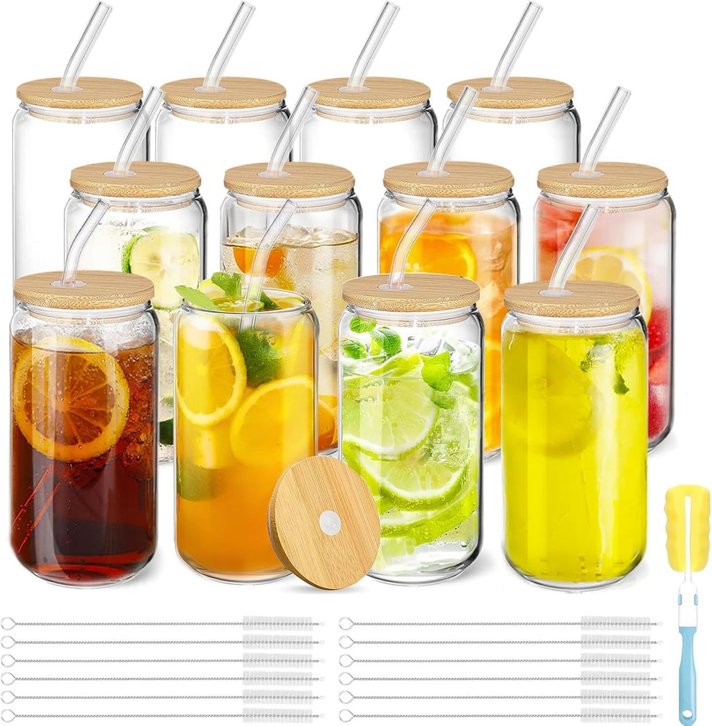 Glass Cups Lids Straws 12Pcs 16oz Iced Coffee Set Reusable Beer Can Shaped New