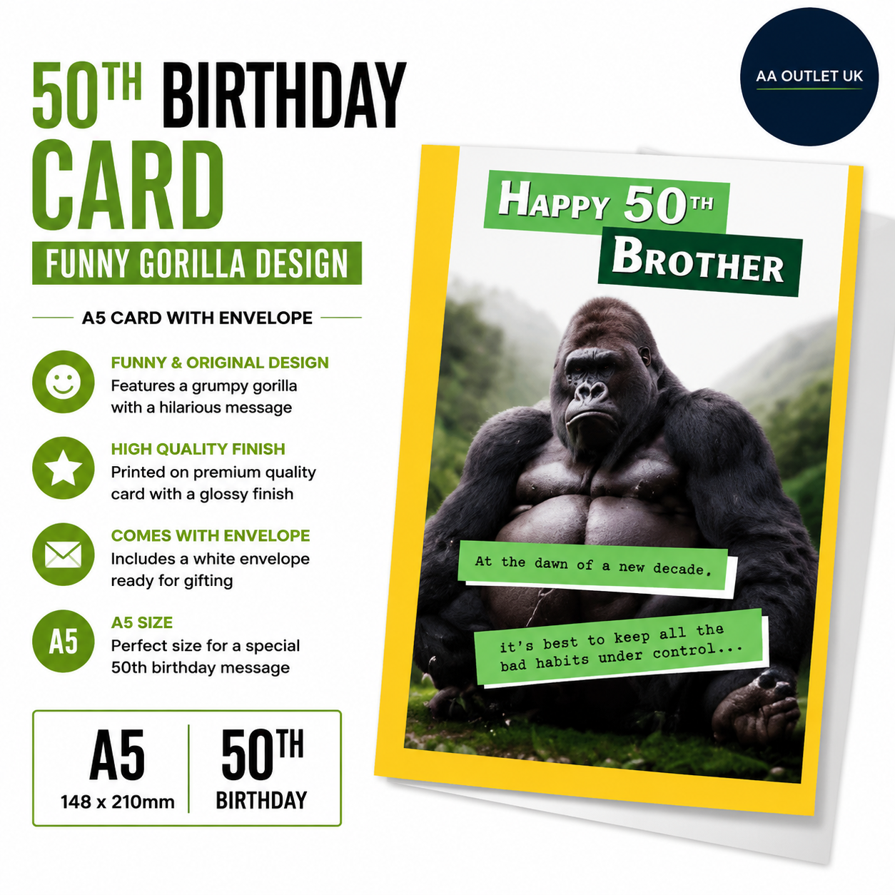 Brother 50th Birthday Card Funny Grumpy Gorilla A5 Envelope Original Design