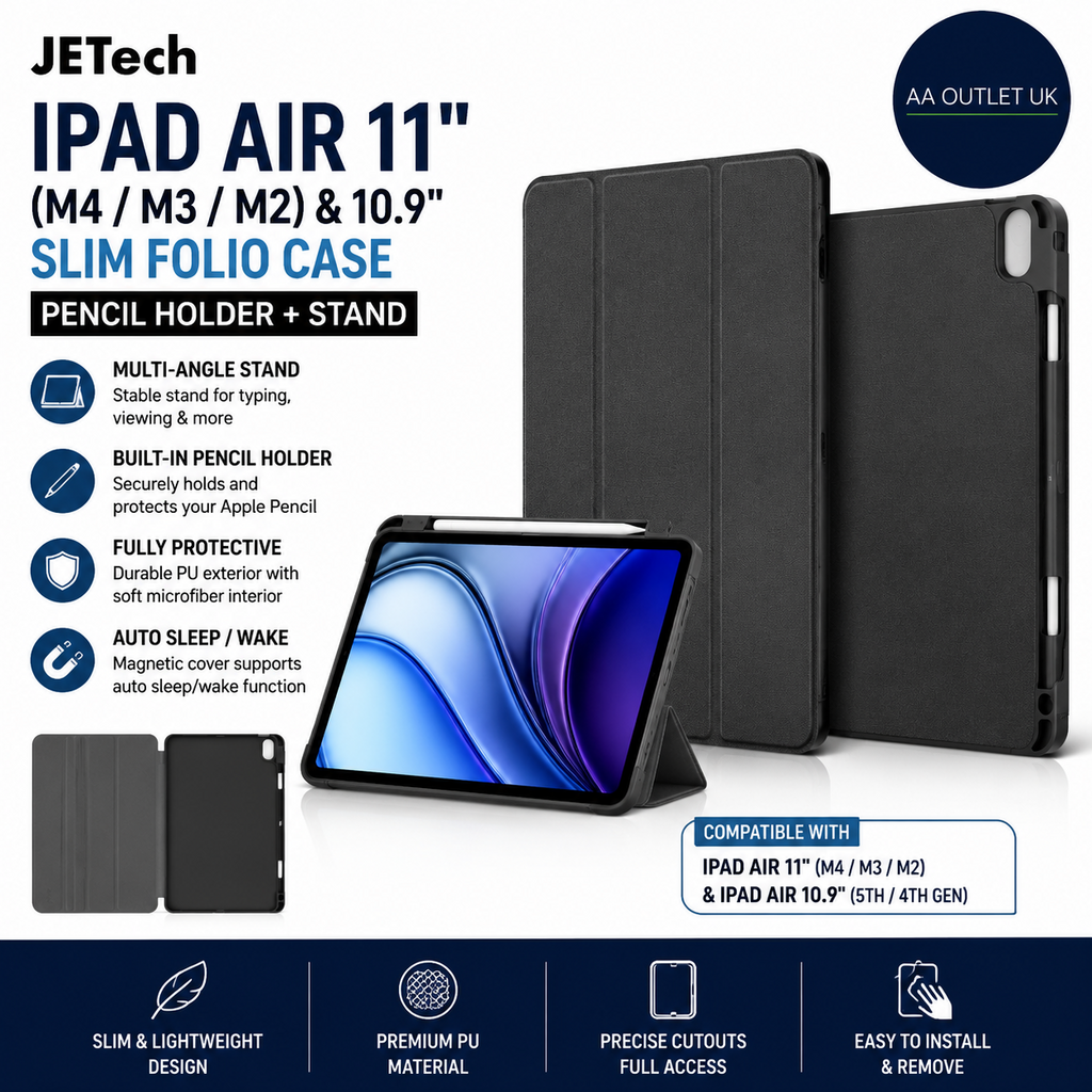 JETech IPad Air 11 Inch M4 M3 M2 10.9 Case Slim Folio Pencil Holder Stand Black
