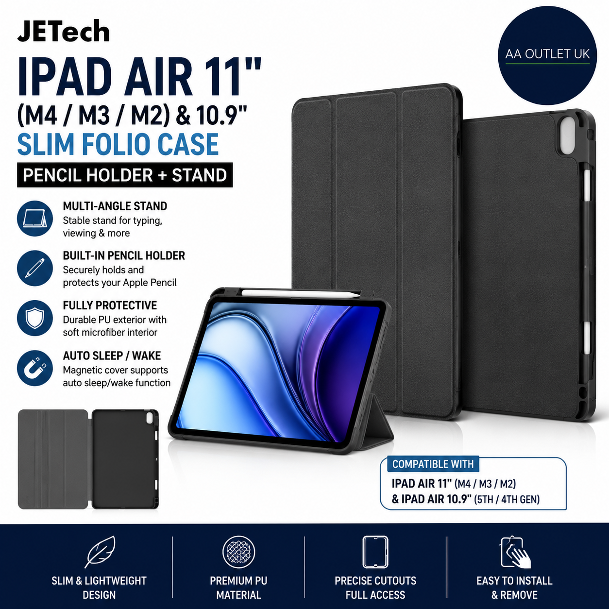 JETech IPad Air 11 Inch M4 M3 M2 10.9 Case Slim Folio Pencil Holder Stand Black