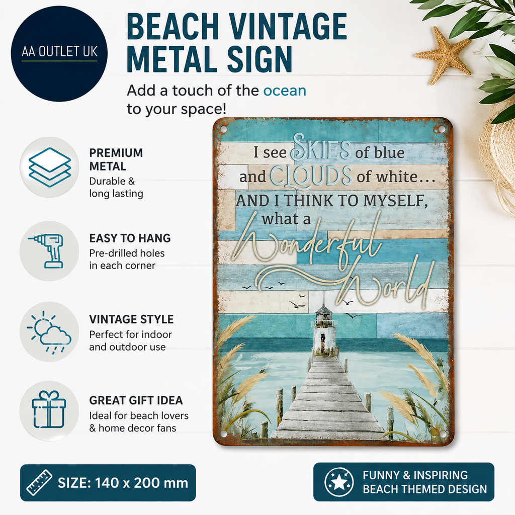 Daiercy Beach Wonderful World Blue Tin Signs Beach Ocean Vintage 140x200mm